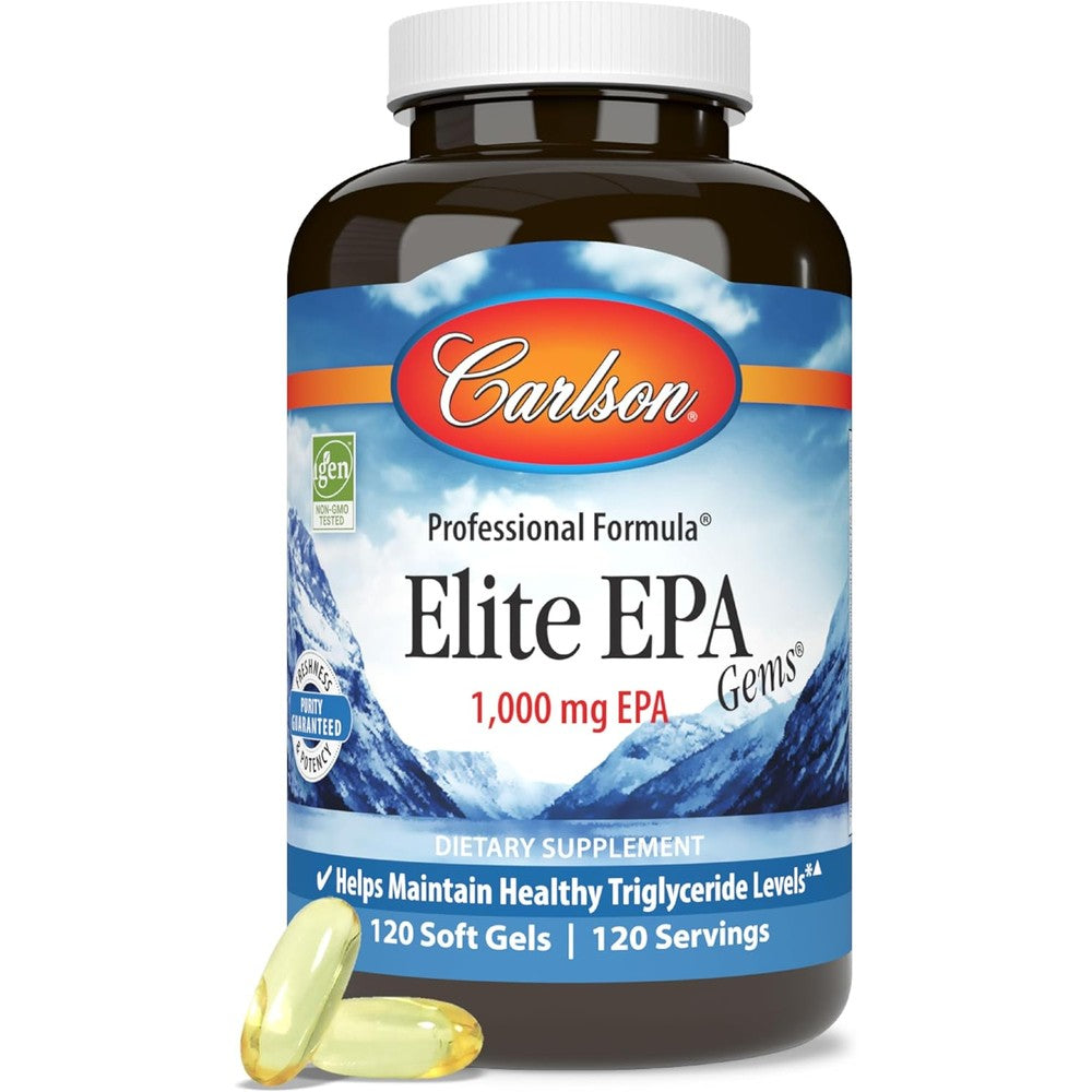 Carlson Elite EPA Gems fish oil bottle front view showing 1000 mg softgels