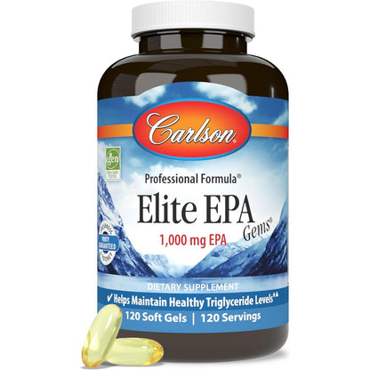 Carlson Elite EPA Gems 1000mg 120 Softgels bottle front view showcasing premium omega-3 supplement layout.