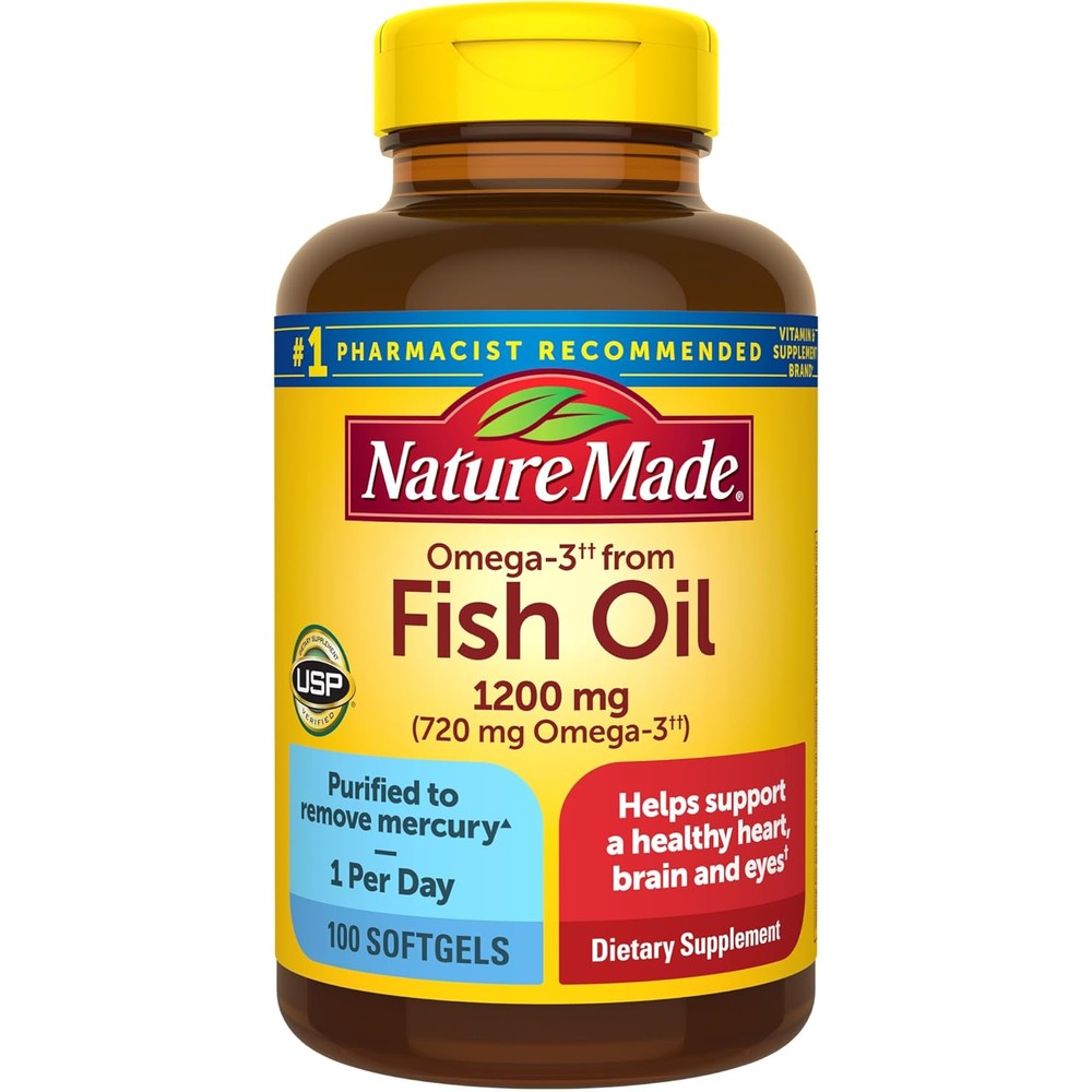 Nature Made One Daily Fish Oil front view bottle with 1200 mg softgels