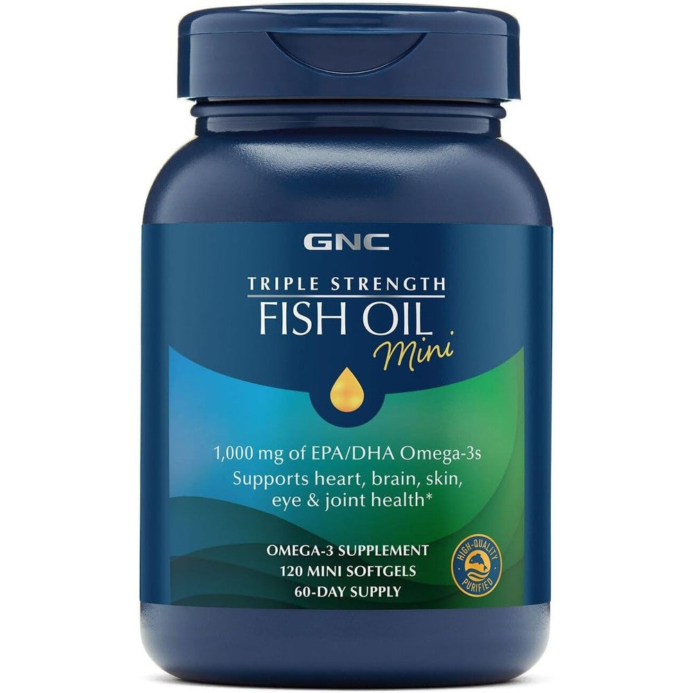 GNC Triple Strength Fish Oil 120 Mini Softgels bottle front view