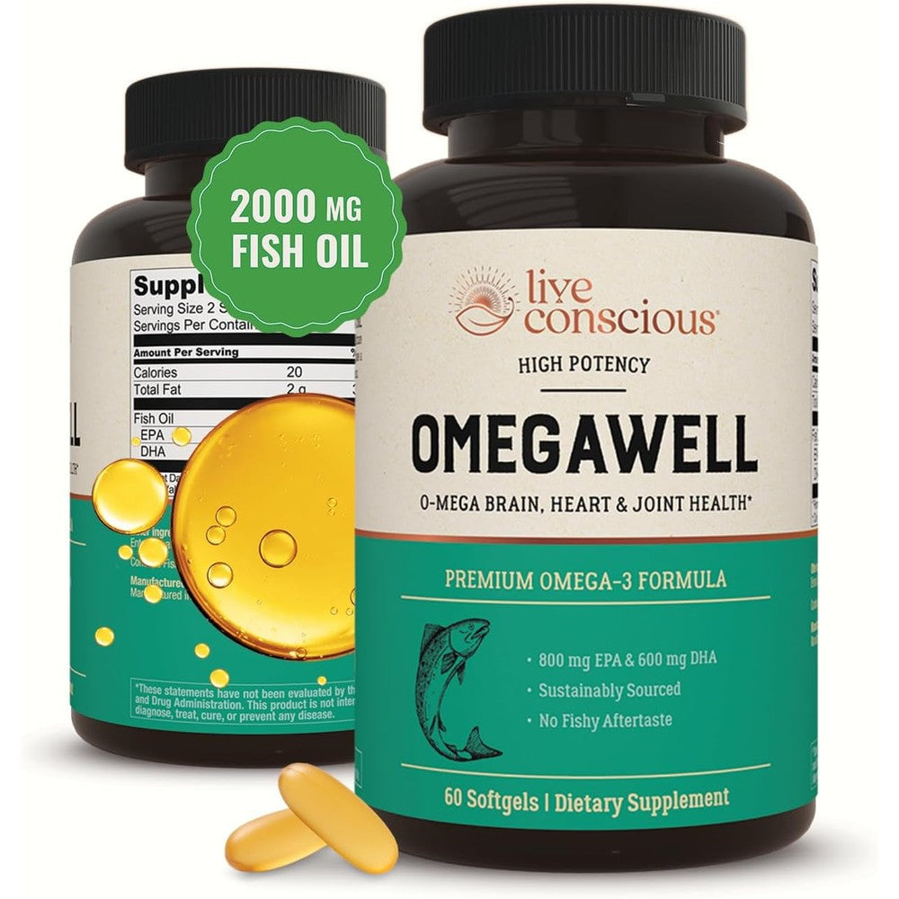 Live Conscious OmegaWell Omega 3 Fish Oil 2000 mg bottle front view showing authentic imported health supplement