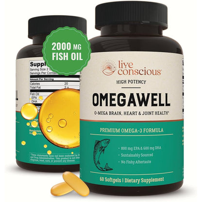 Live Conscious OmegaWell Omega 3 Fish Oil 2000 mg bottle front view showing authentic imported health supplement