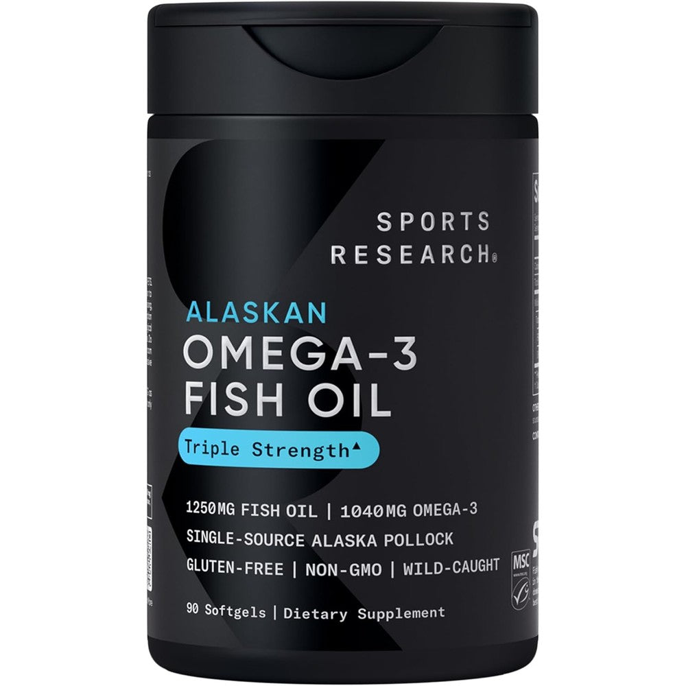 Sports Research Omega 3 Triple Strength Fish Oil 90 Softgels front bottle view showing wild Alaskan pollock source label