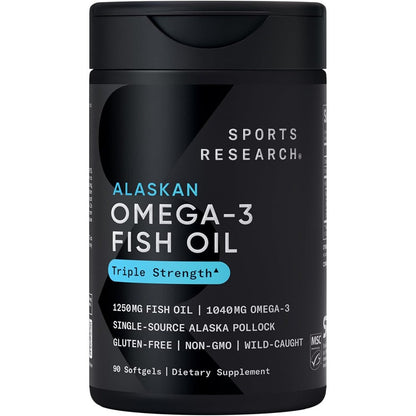Sports Research Omega 3 Triple Strength Fish Oil 90 Softgels front bottle view showing wild Alaskan pollock source label