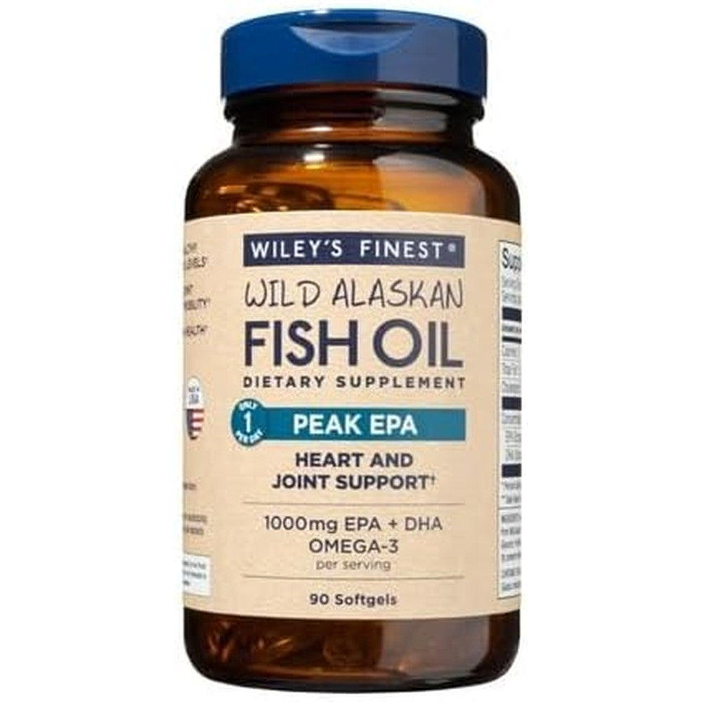 Wileys Finest Wild Alaskan Fish Oil Peak EPA ninety softgels front view bottle