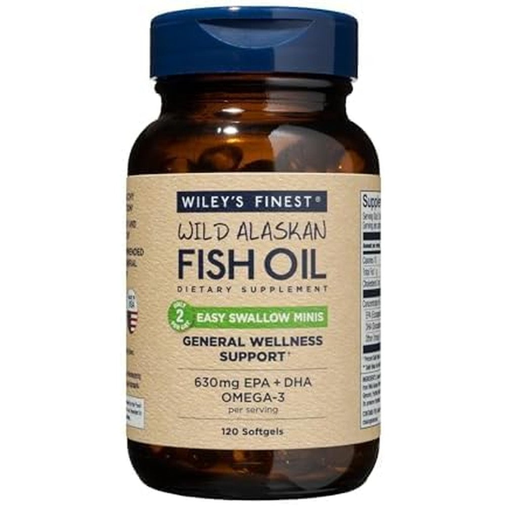 Wileys Finest wild Alaskan fish oil easy swallow minis 120 softgels front bottle view