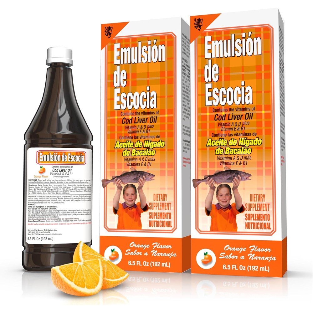 Emulsion de Escocia cod liver oil orange flavor bottle front view packaging