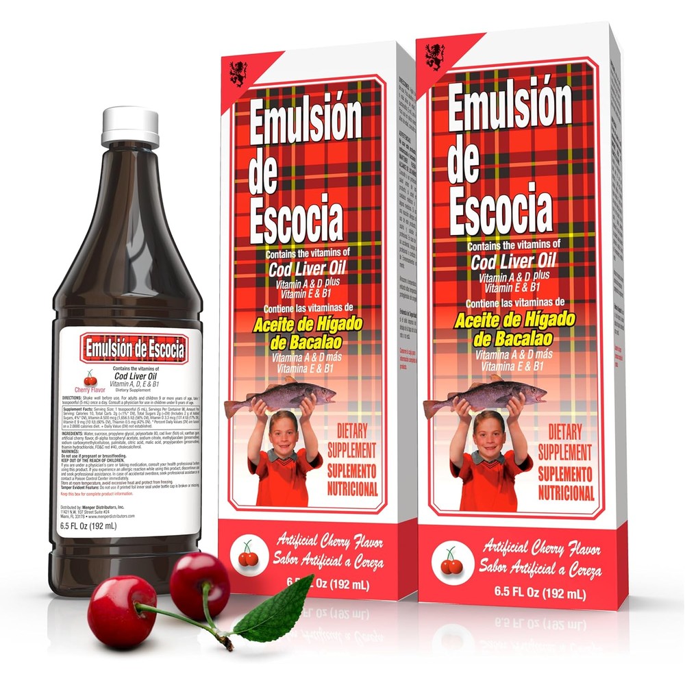 Emulsion de Escocia Cod Liver Oil Cherry 2 pack front view of authentic liquid supplement bottles