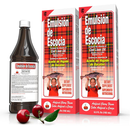 Emulsion de Escocia Cod Liver Oil Cherry 2 pack front view of authentic liquid supplement bottles