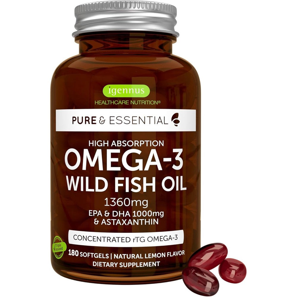 Igennus Healthcare Nutrition Ultra Pure Omega 3 rTG Wild Fish Oil front view bottle showing 180 softgels