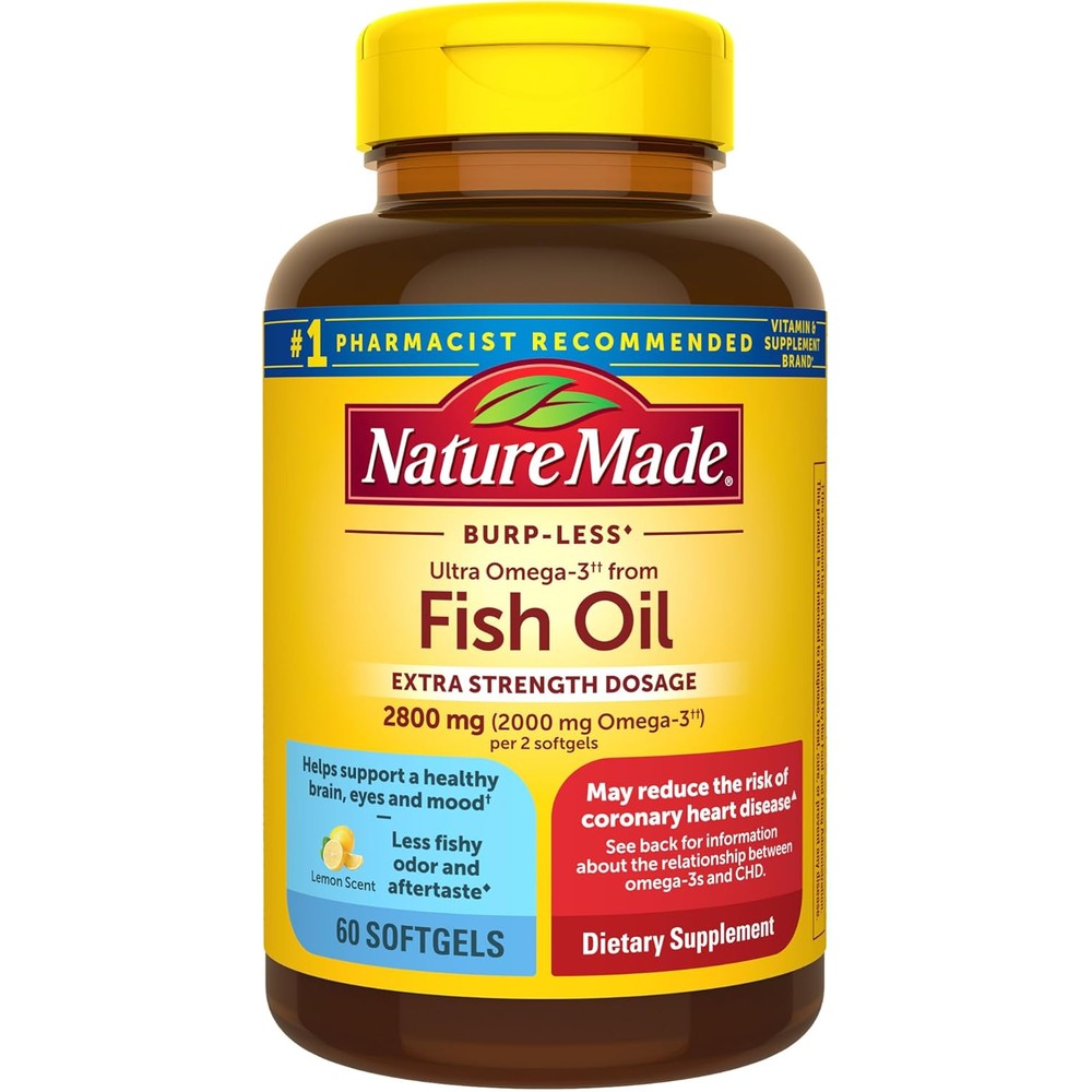 Nature Made Extra Strength Omega 3 Fish Oil 2800 Milligrams front label view showcasing heart brain and eye support features.