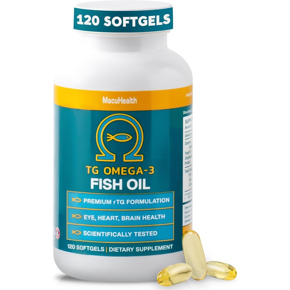 MacuHealth Triple Strength Omega 3 Fish Oil 120 softgels bottle front view displaying the premium eye and brain supplement label.