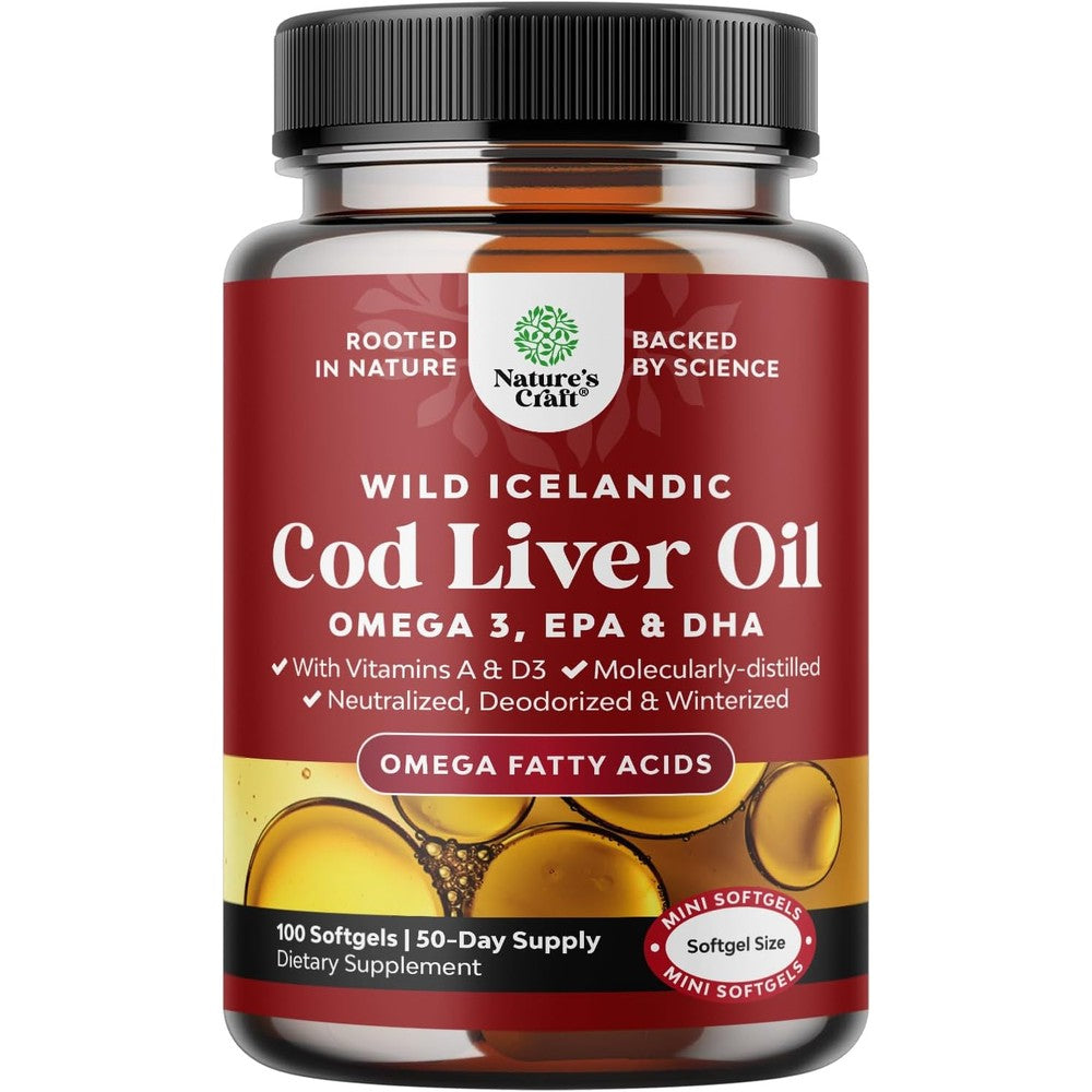 Nature's Craft Icelandic Wild Caught Cod Liver Oil 1000mg bottle front view.