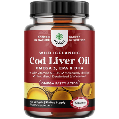 Nature's Craft Icelandic Wild Caught Cod Liver Oil 1000mg bottle front view.