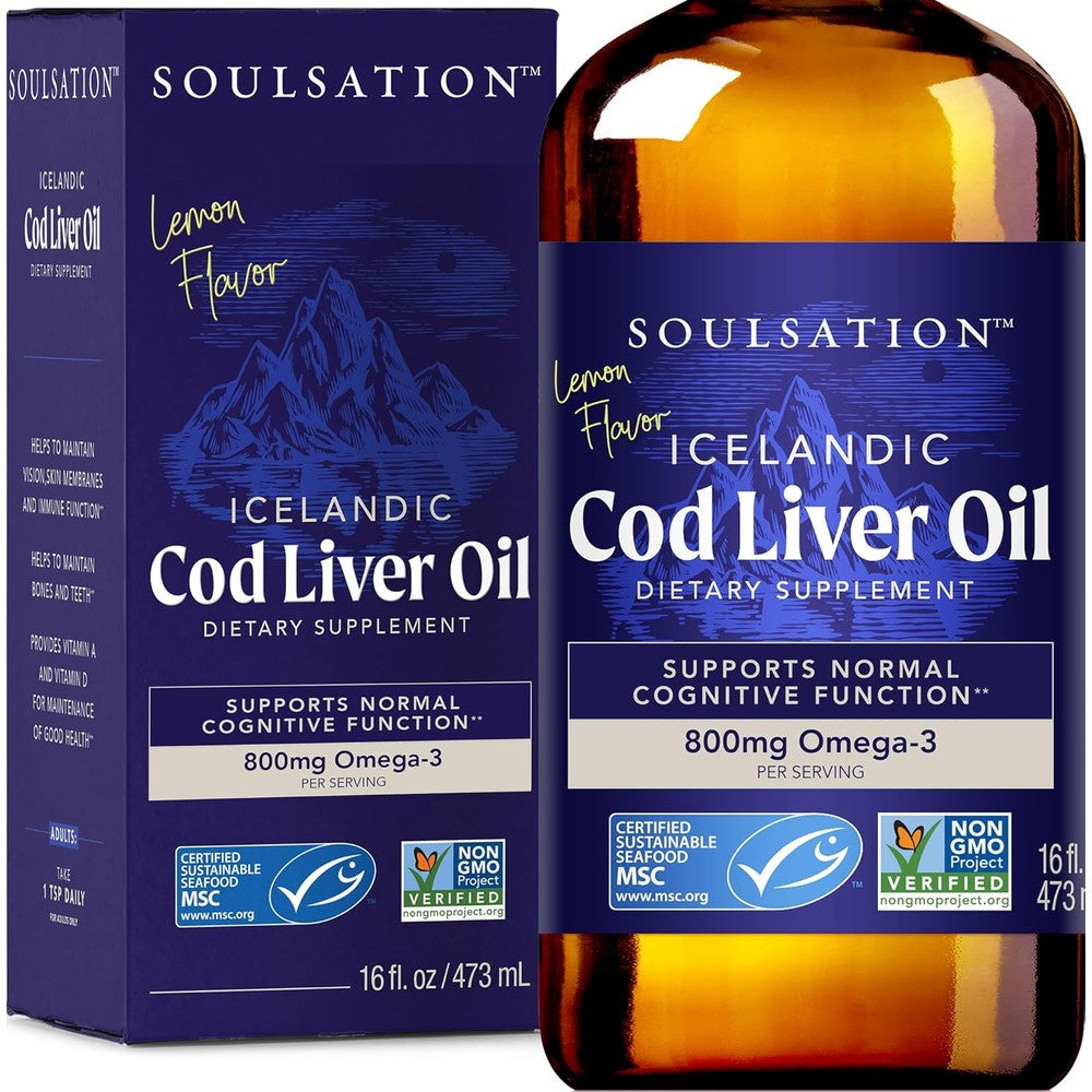 Soulsation Icelandic Cod Liver Oil Liquid Lemon sixteen ounce bottle front view