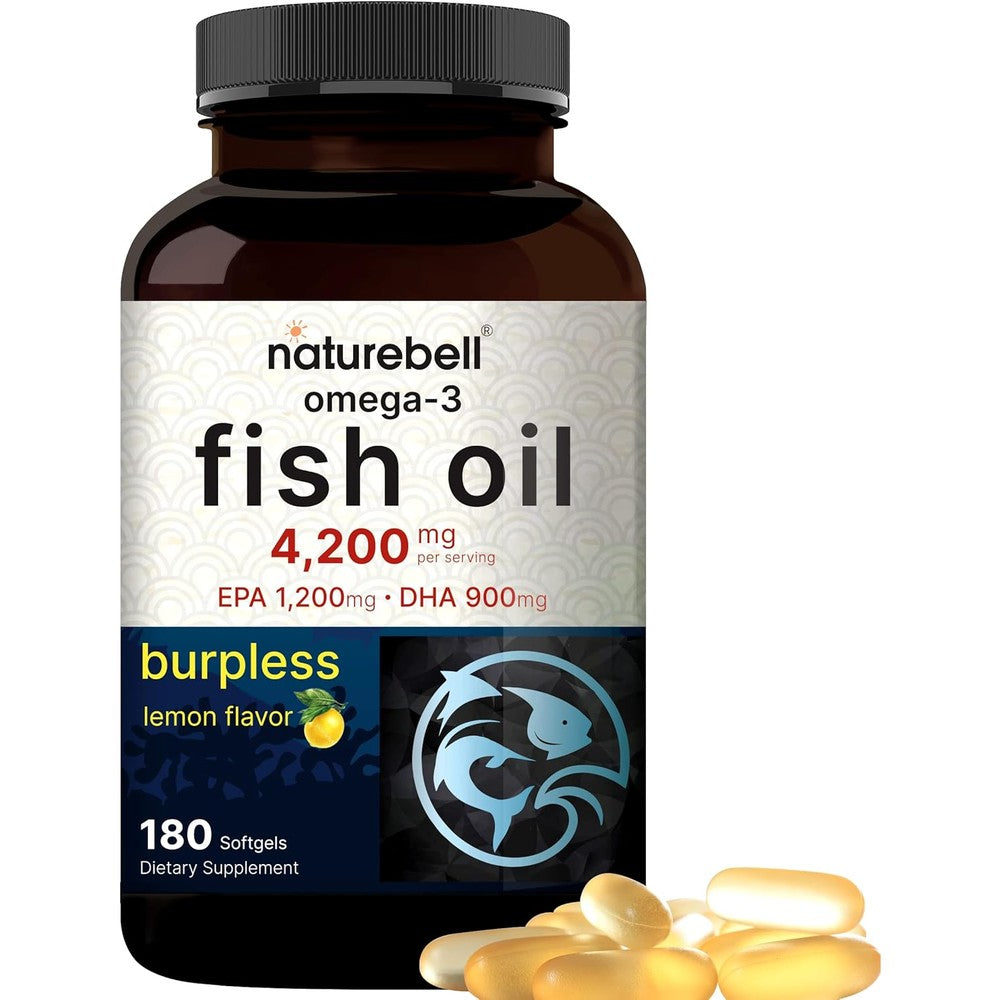 NatureBell Omega 3 Fish Oil 4200 mg 180 softgels bottle front view showcasing lemon flavor benefit
