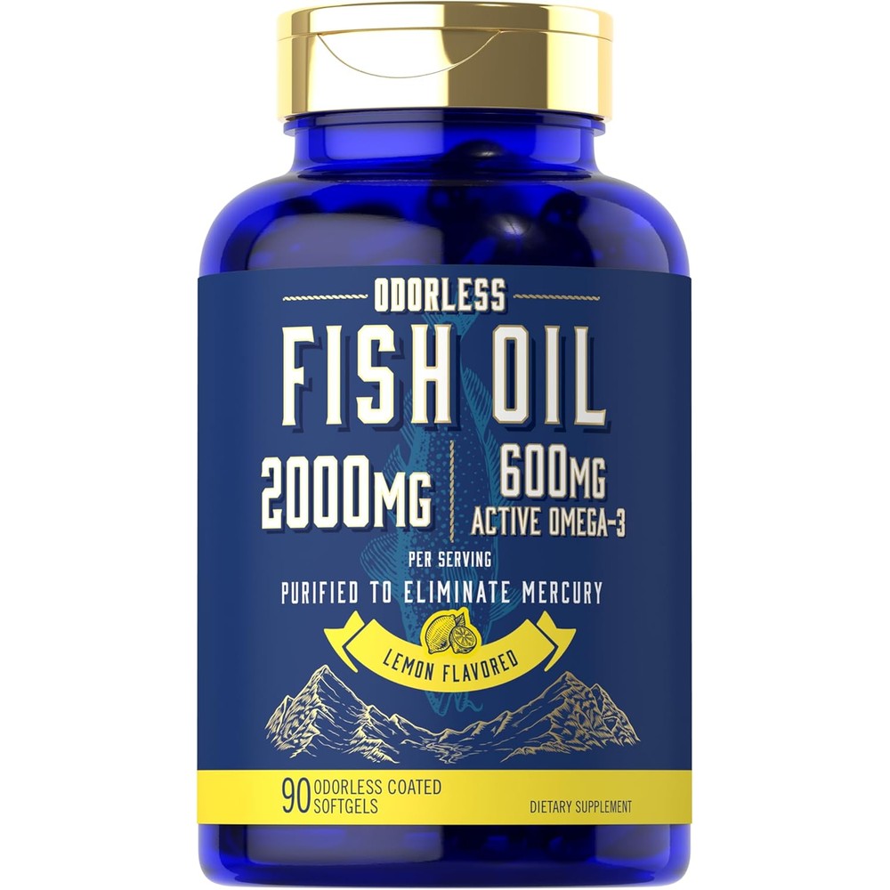Carlyle fish oil 2000 milligrams bottle front view with lemon flavor graphic