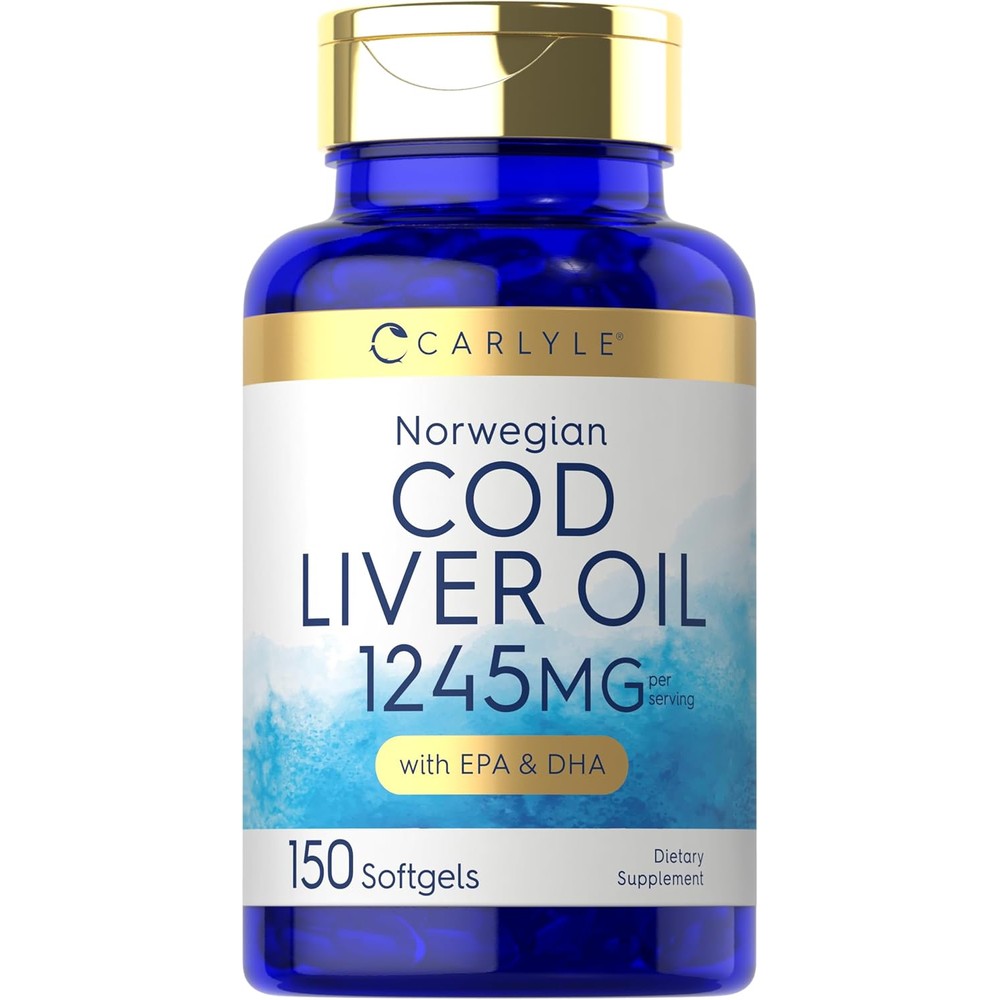 Carlyle Norwegian Cod Liver Oil 1245mg 150 softgels front view blue bottle for heart health
