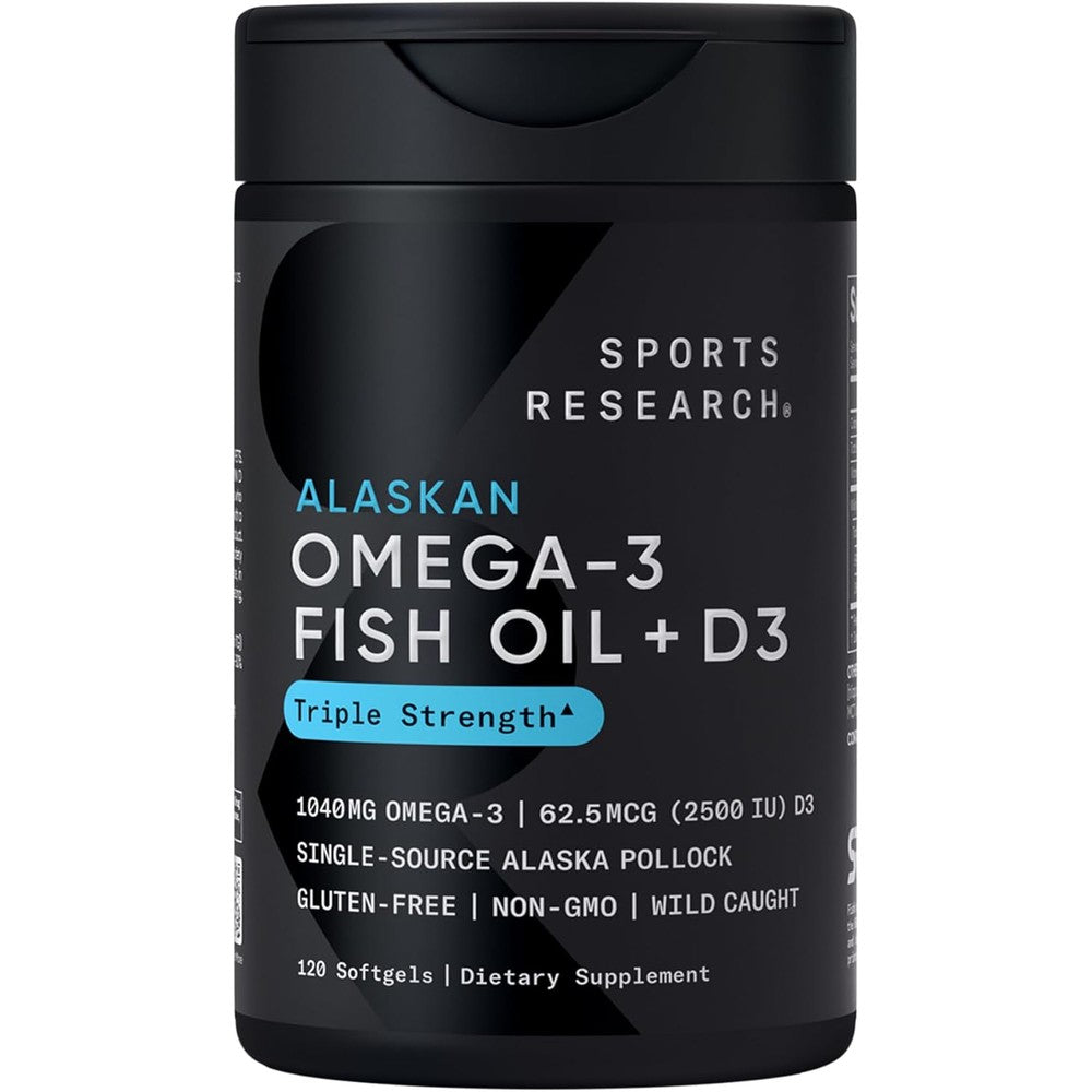 Sports Research Alaskan Omega 3 Fish Oil Vitamin D3 front view bottle packaging