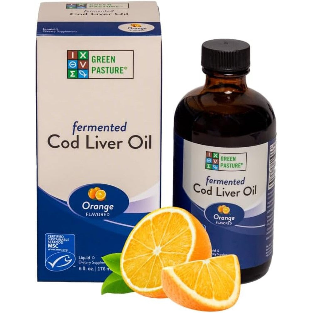 Green Pasture Fermented Cod Liver Oil Liquid Orange 6 Fluid Ounce front view bottle