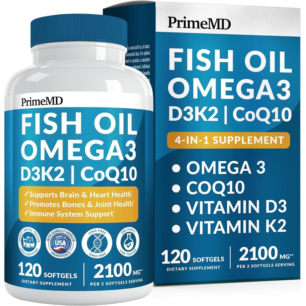 PrimeMD 4 in 1 Omega 3 Fish Oil 120 softgels front bottle view showing main ingredients.