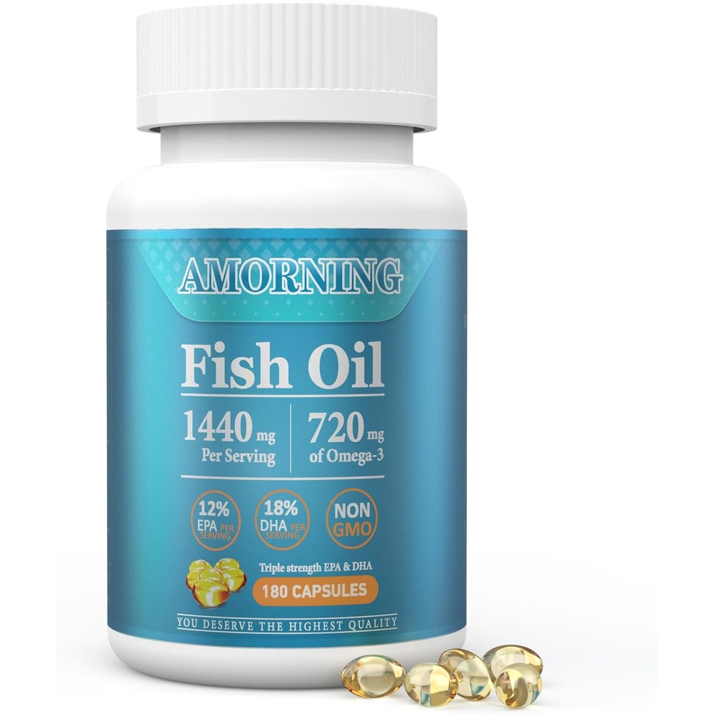 AMORNING Omega 3 Fish Oil 1440mg 180 softgels front view packaging for heart support