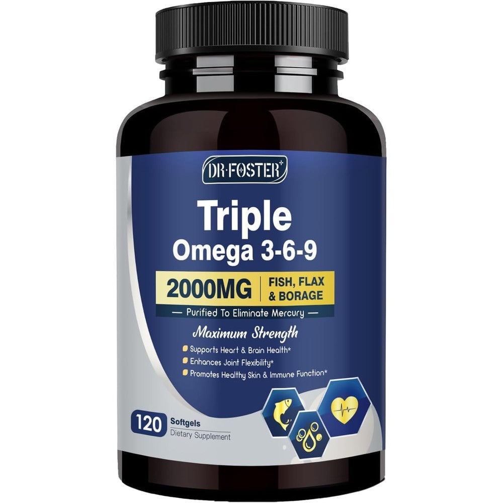 DRFOSTER Triple Omega 3 6 9 2000mg front view showing 120 softgel capsules bottle for heart health