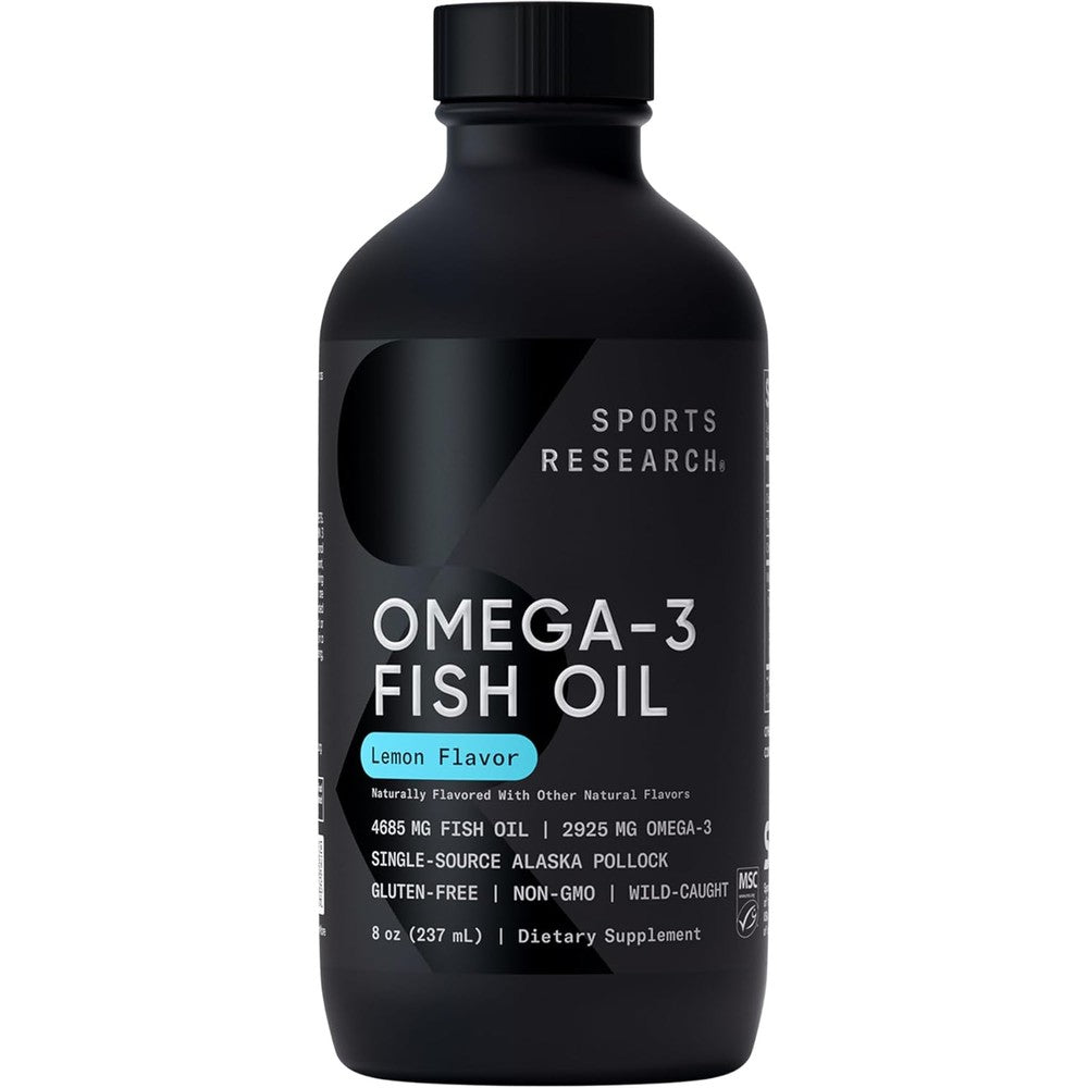 Sports Research liquid omega 3 fish oil front view of 8 fluid ounce bottle