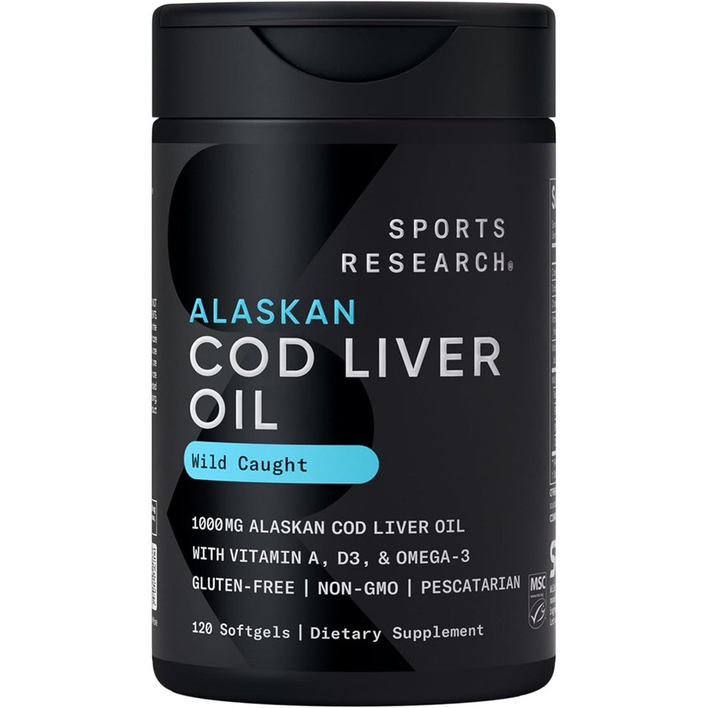 Sports Research Omega 3 Wild Alaskan Cod Liver Oil 120 softgels front bottle view authentic supplement