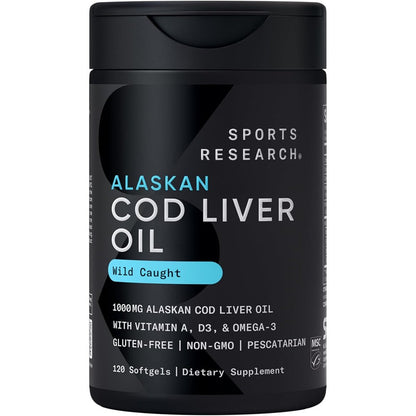 Sports Research Omega 3 Wild Alaskan Cod Liver Oil 120 softgels front bottle view authentic supplement