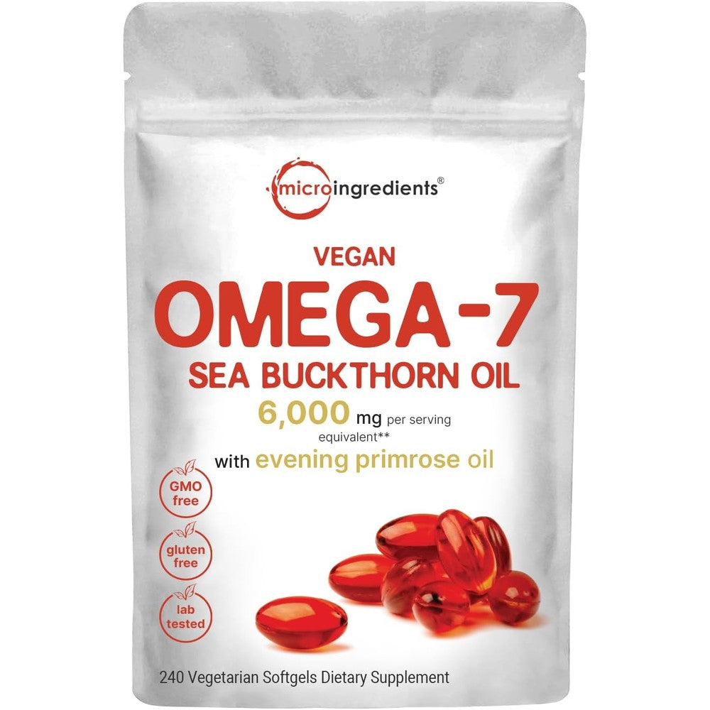 Micro Ingredients Vegan Omega 7 Sea Buckthorn Oil pouch front view showing 240 vegetarian softgels packaging.