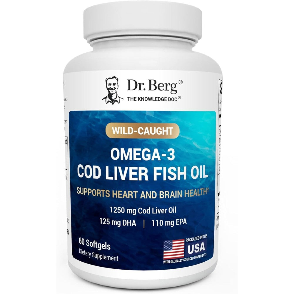 Dr. Berg Omega 3 Cod Liver Fish Oil front view bottle of imported dietary supplement