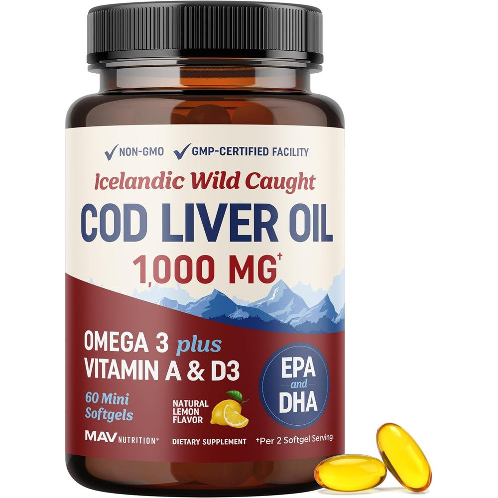 MAV NUTRITION Icelandic Cod Liver Oil 1000mg 60 softgels front view packaging