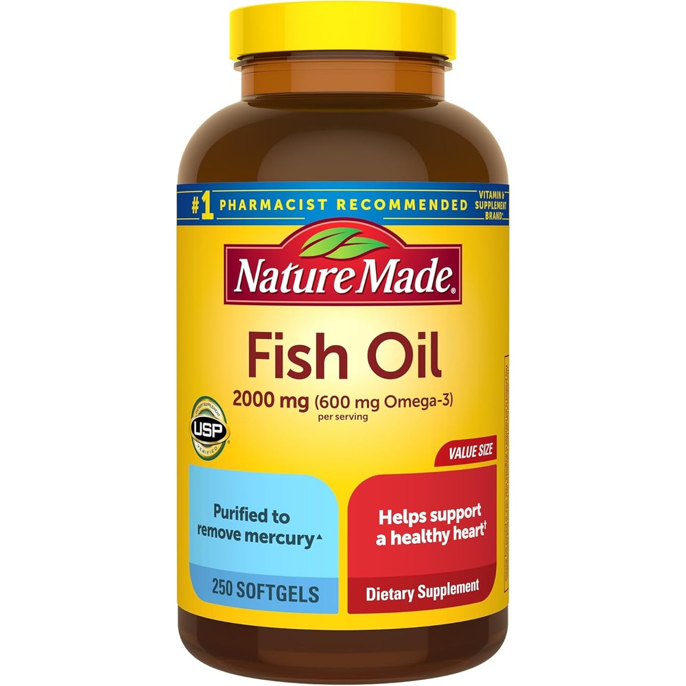Nature Made Omega 3 Fish Oil 2000 Milligrams bottle front view showcasing yellow label for premium health supplements.