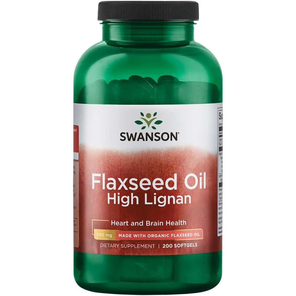 Swanson Flaxseed Oil High Lignan 200 Softgels bottle front view