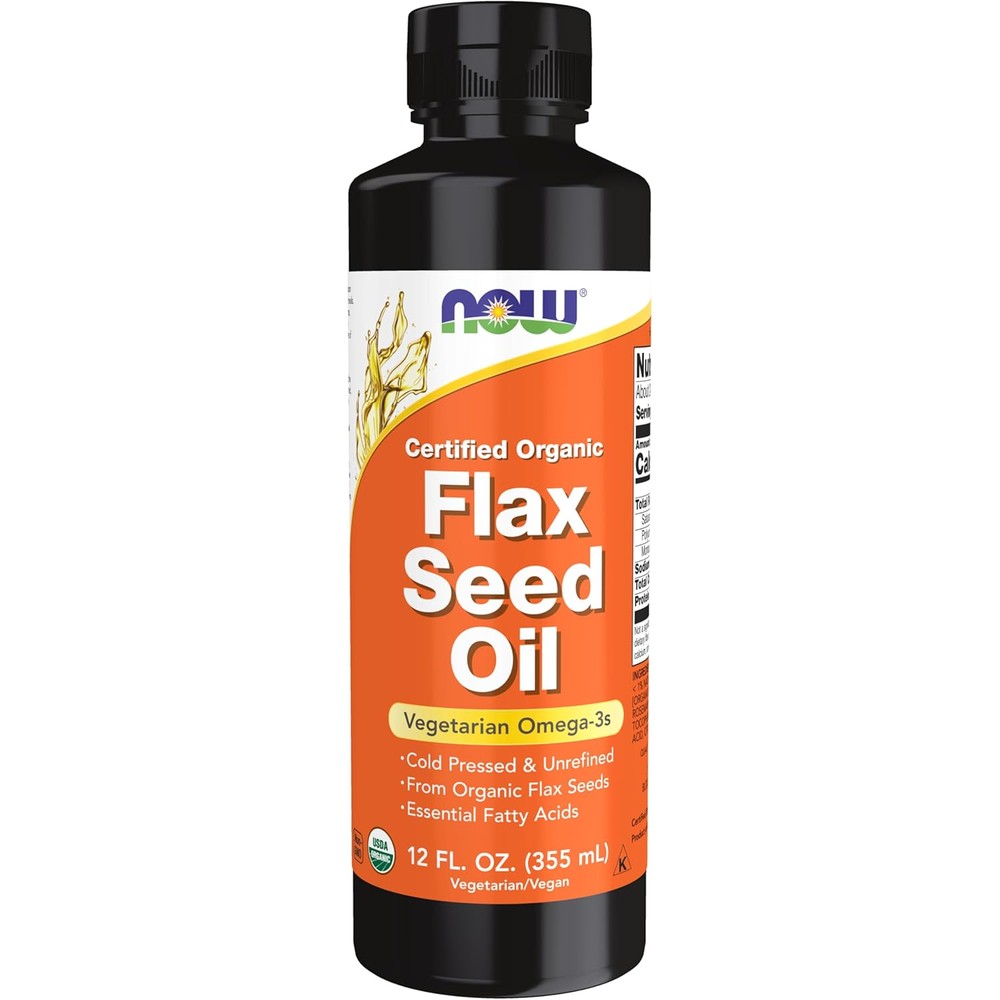 Now Foods Certified Organic Flax Seed Oil bottle front view
