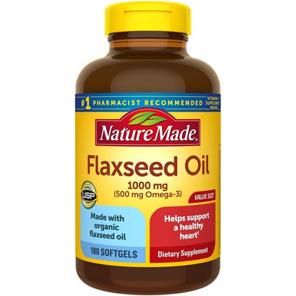 Nature Made Flaxseed Oil 1000mg 180 Softgels front view for heart health