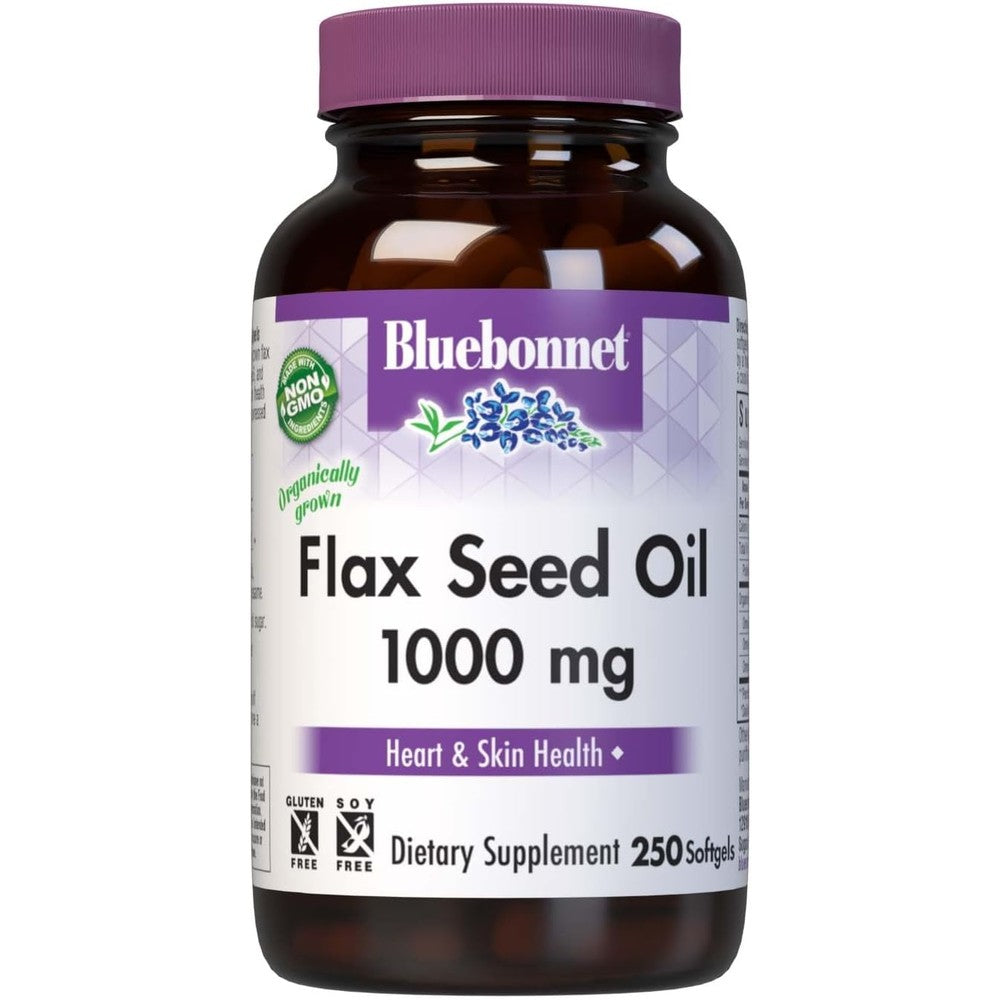 BlueBonnet Certified Organic Flaxseed Oil 1000 Milligram 250 softgels front view for heart health support.