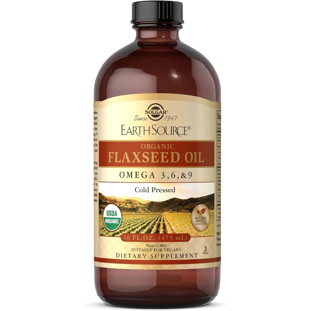 Solgar Earth Source Organic Flaxseed Oil front view bottle for plant based omega supplement