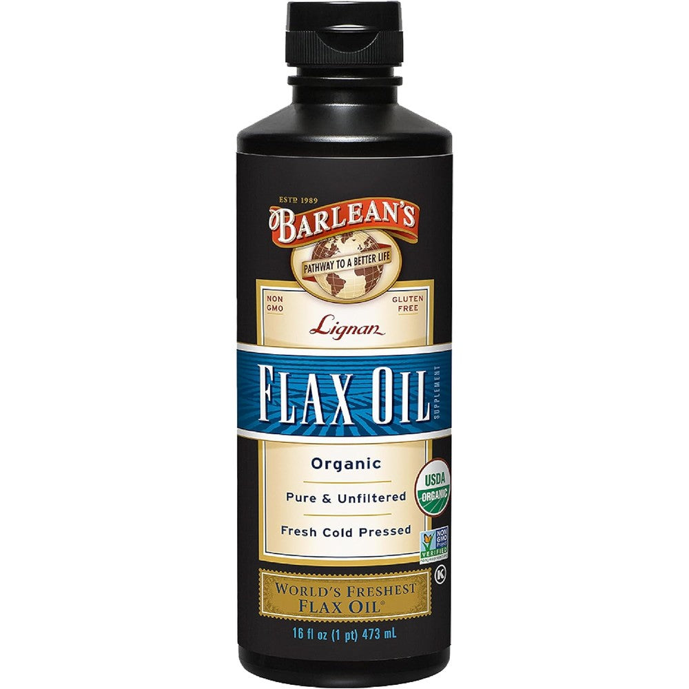 Barlean's Organic Lignan Omega Three Flaxseed Oil Liquid Supplement front view authentic health product