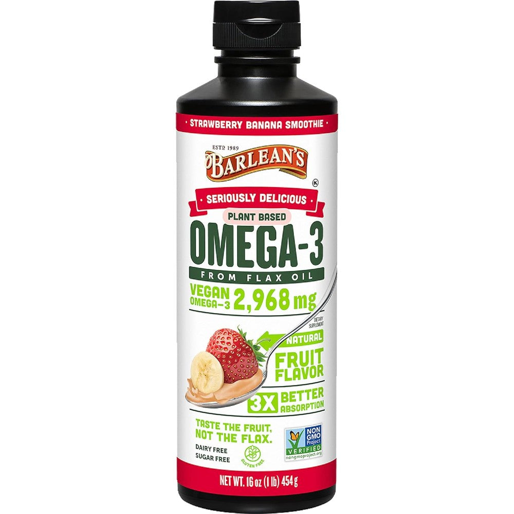 Barlean's Vegan Omega 3 6 9 Flaxseed Oil Liquid front view bottle for plant based dietary supplement