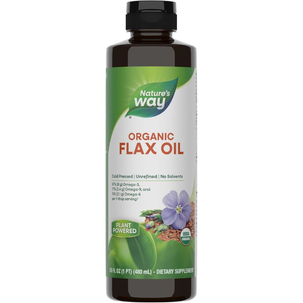 Nature's Way Organic Flax Oil 16 Fluid Ounce front view bottle showcasing organic omega supplement.