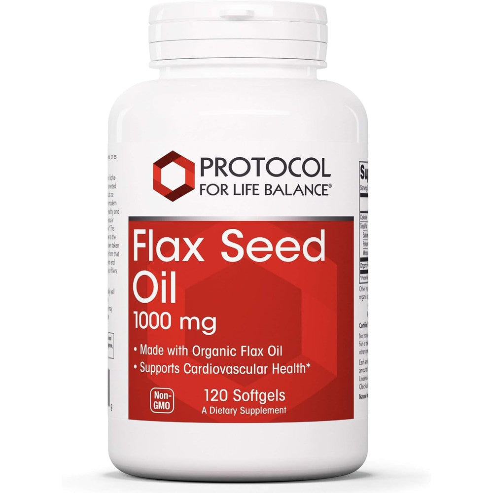 Protocol for Life Balance Flaxseed Oil 120 softgels bottle front view for cardiovascular support.