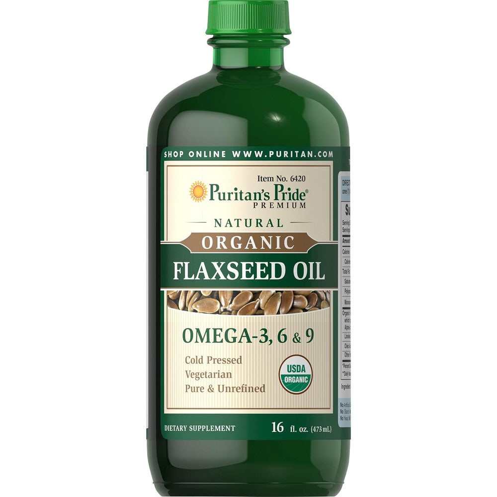 Puritans Pride Premium Flaxseed Oil 16 fluid ounce bottle front view for vegetarian omega supplement
