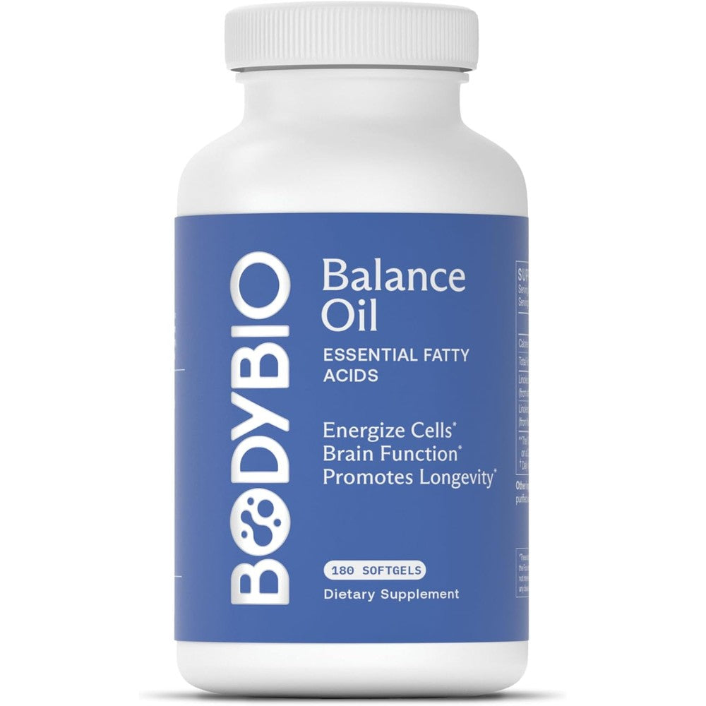 BodyBio Balance Oil 180 softgels bottle front view for essential fatty acid nutrition
