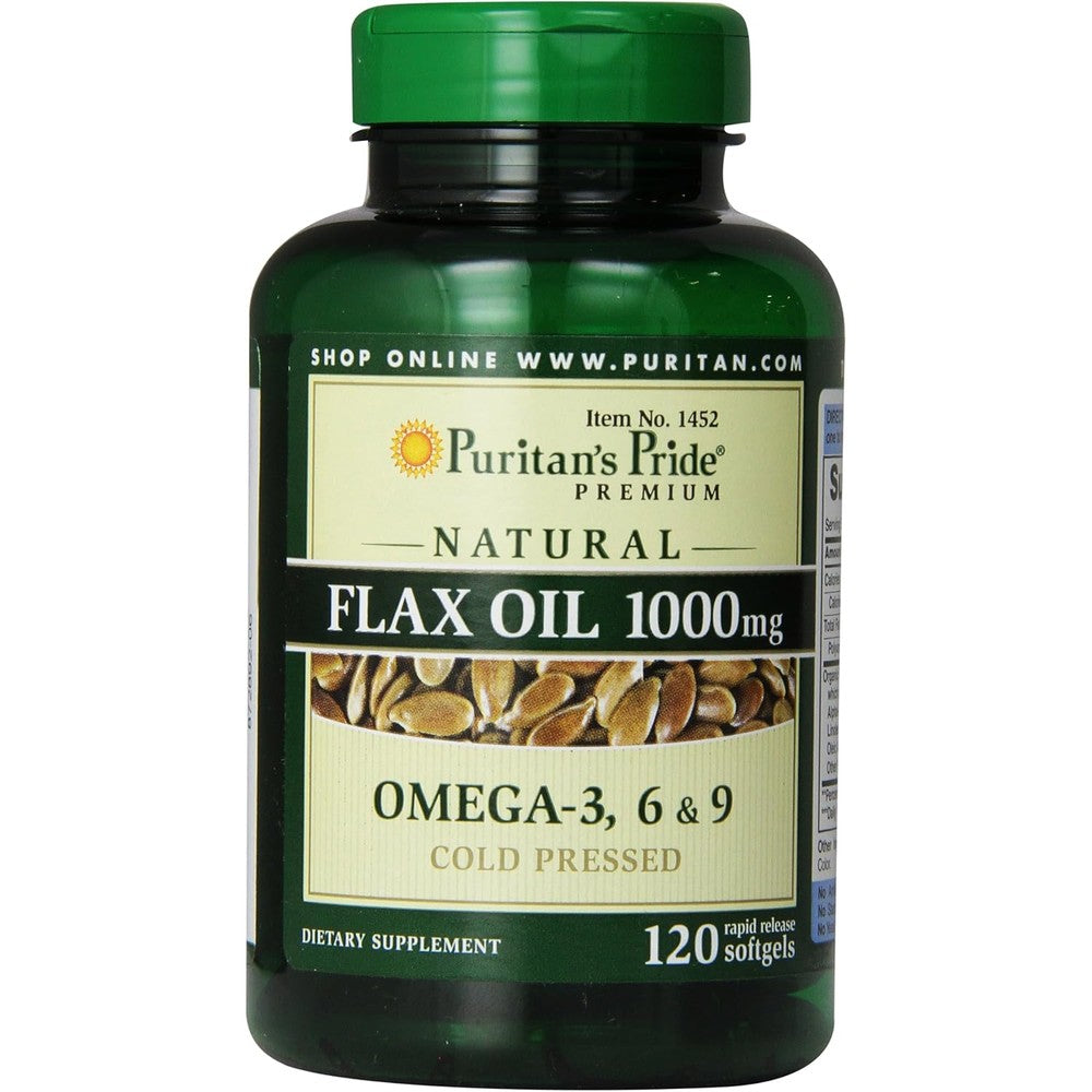 Puritan's Pride Premium Natural Flax Oil 1000mg bottle front view for heart health support