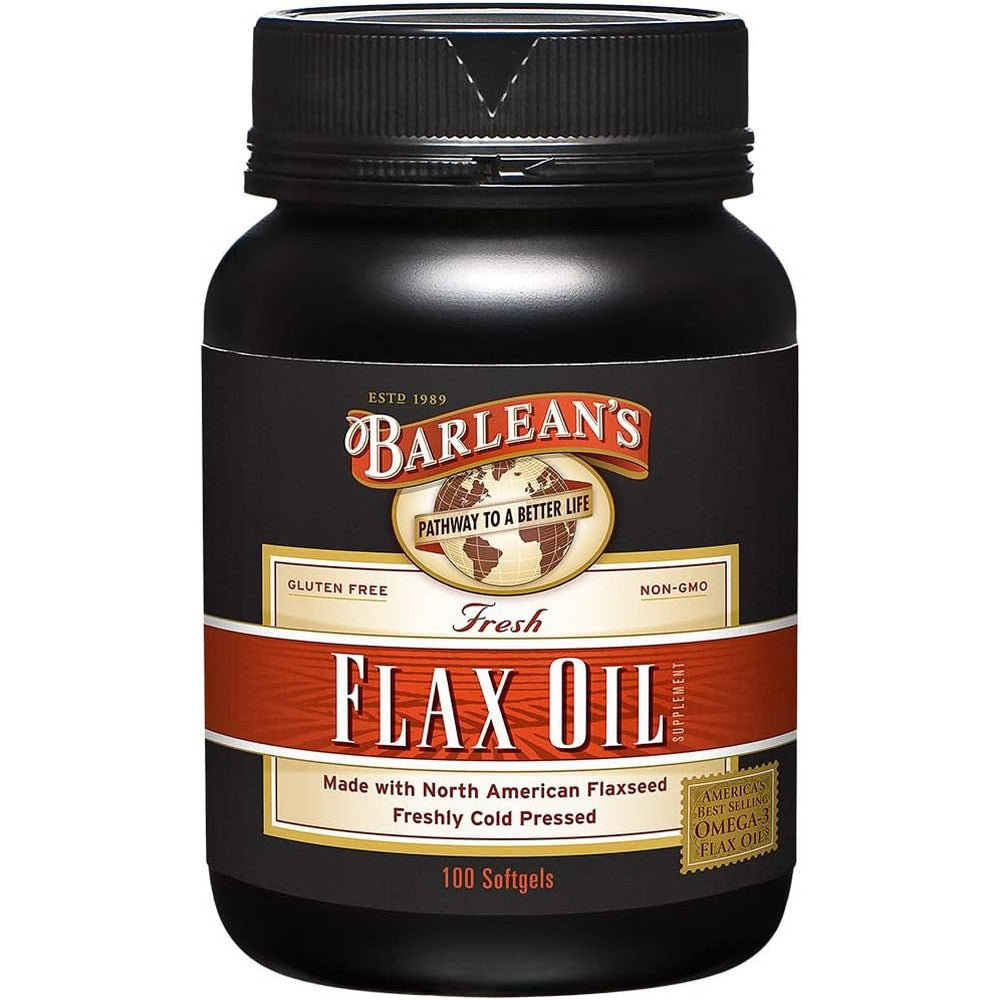 Barlean's Omega 3 6 9 Flaxseed Oil 100 Softgels front view authentic plant based supplement