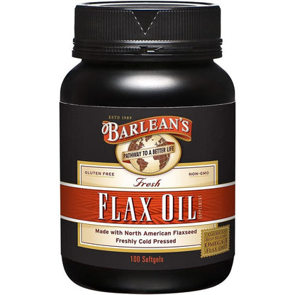 Barlean's Omega 3 6 9 Flaxseed Oil 100 Softgels front view authentic plant based supplement