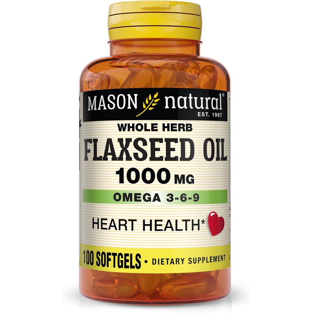 Mason Natural Flaxseed Oil 1000mg front bottle view for heart health support