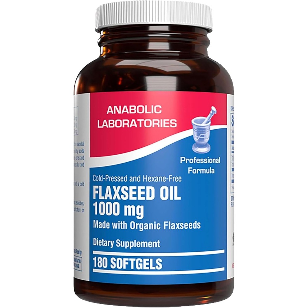Anabolic Laboratories Cold Pressed Organic Flaxseed Oil 1000mg front view bottle packaging